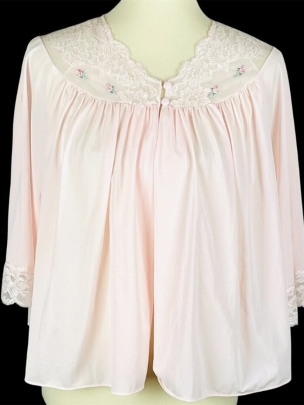 Vtg 60s Shadowline Bed Jacket Size XL Pink Lace Rosebud Coquette Soft Victorian